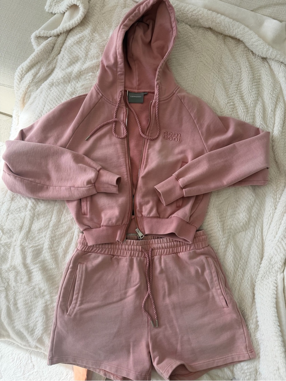 Light Pink Cropped Hoodie & Drawstring Shorts Set